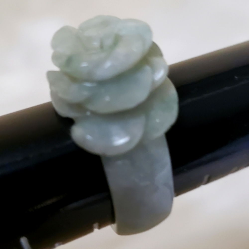 Authentic Green Jade Flower Carving Ring Lucky Stone 7.25